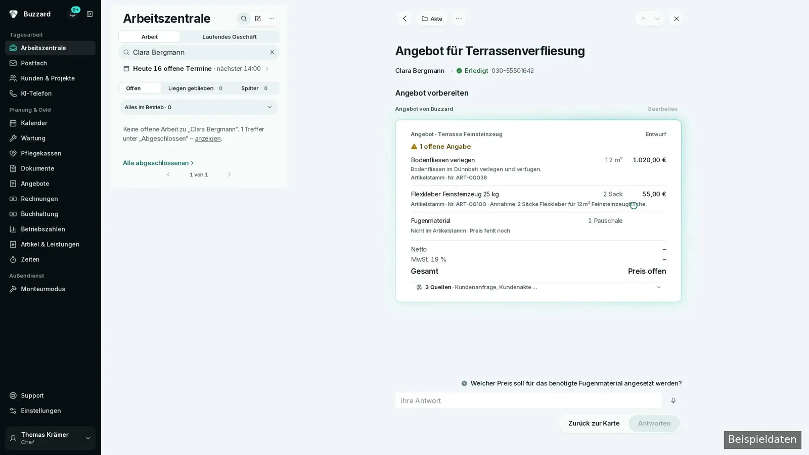 Angebotsvorschlag mit einer offenen Preisangabe