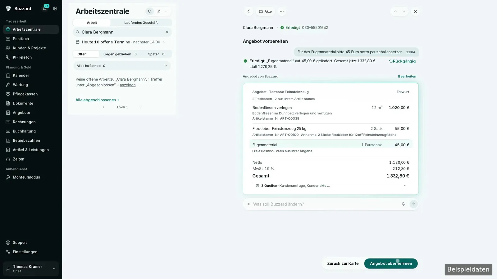 Vorbereiteter Angebotsentwurf mit Positionen und Preisen