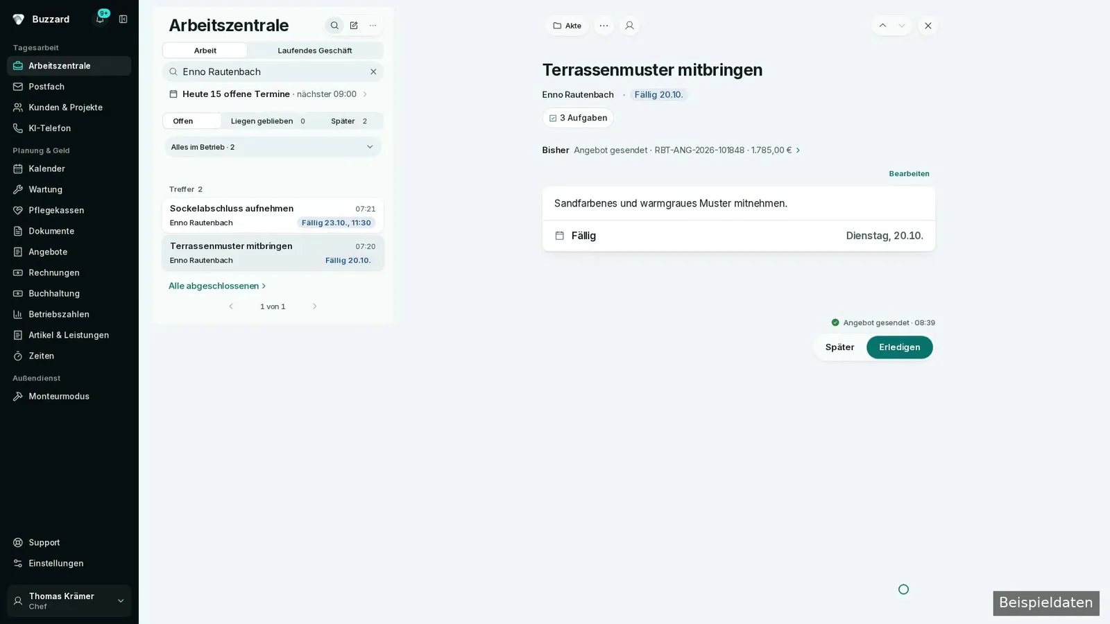 Versendetes Angebot im Verlauf der Ausgangskarte