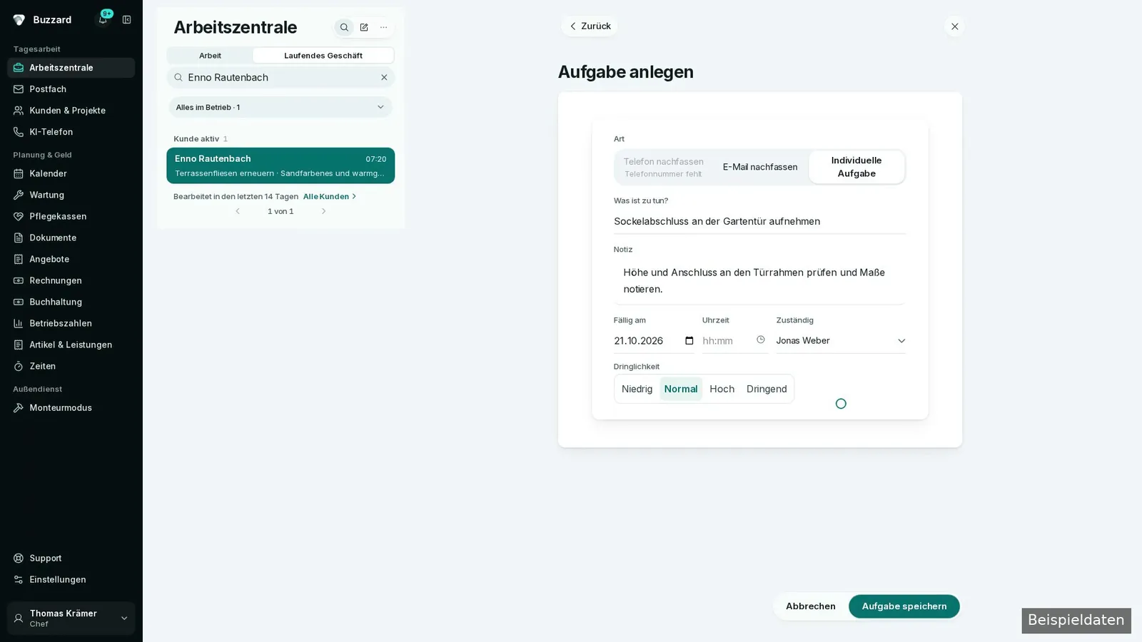 Aufgabe mit ausgewählter zuständiger Person