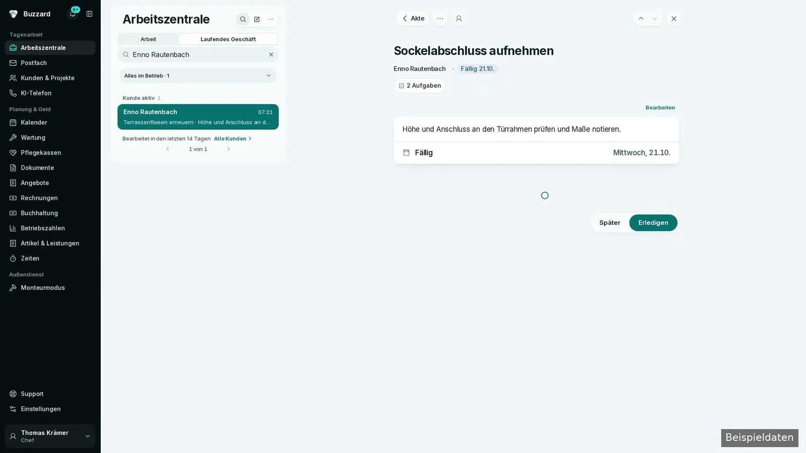 Gespeicherte Aufgabe in der Kundenakte