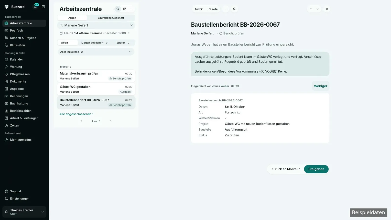 Baustellenbericht mit Angaben zur Prüfung