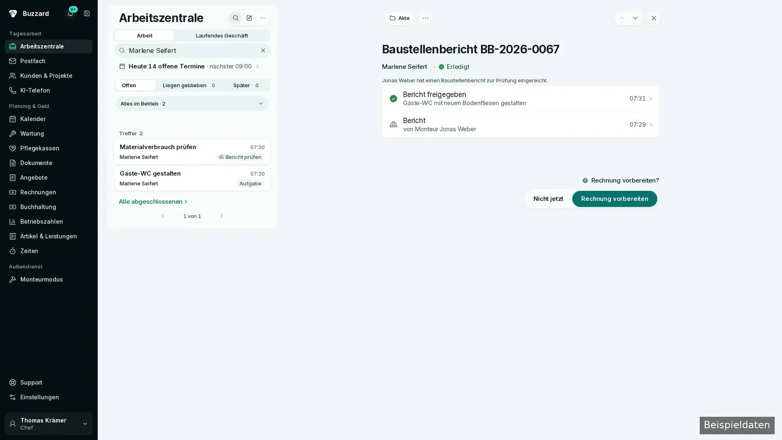 Freigabe und Verlauf des Baustellenberichts