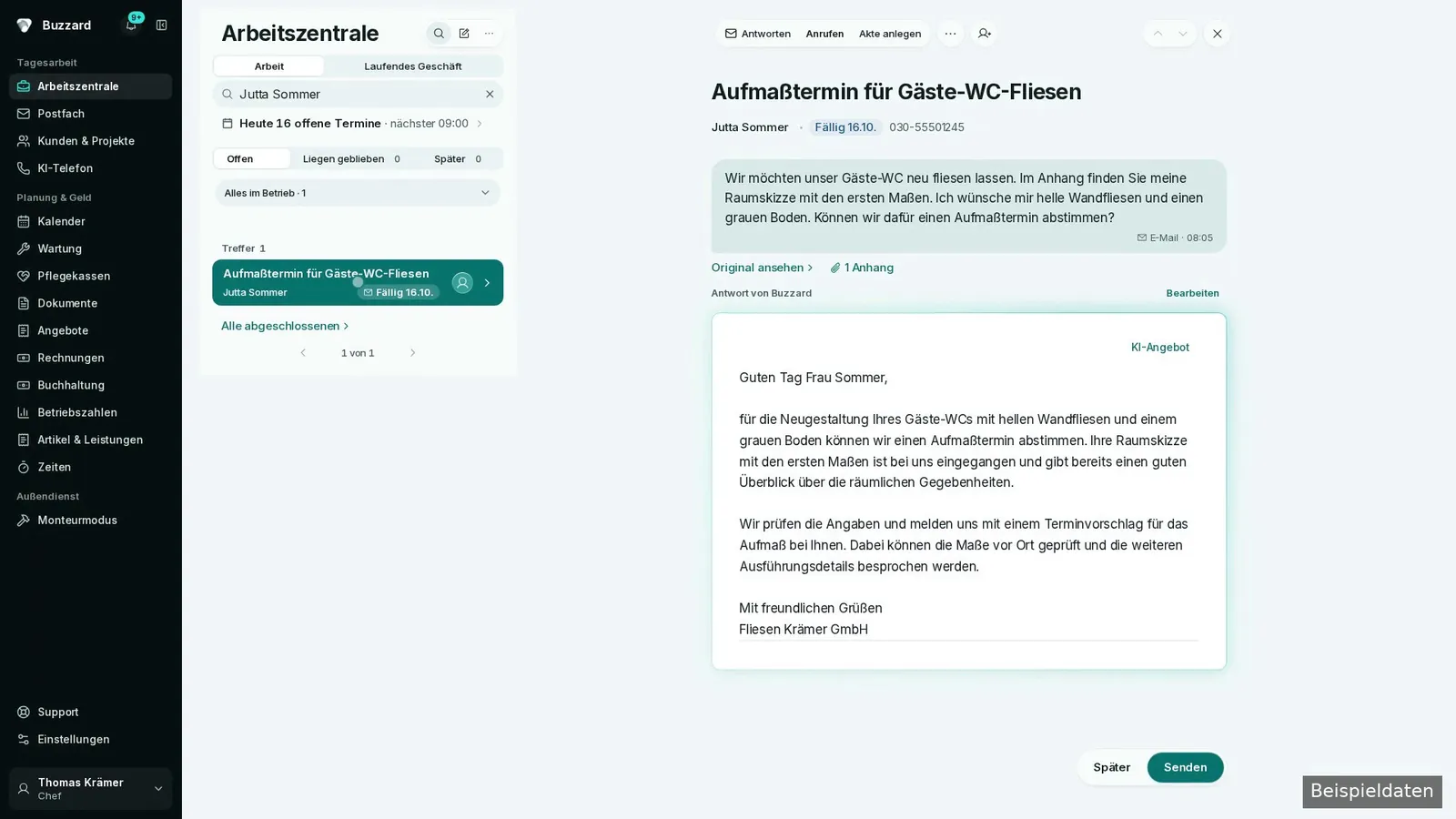 Geöffnete Anfrage in der Arbeitszentrale