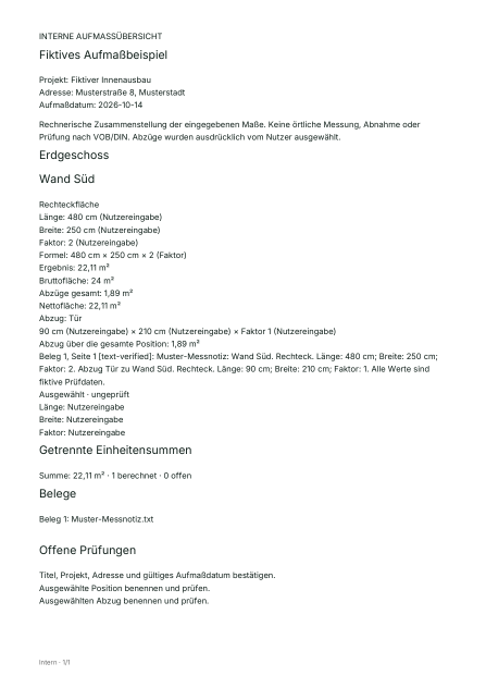 Tatsächliche Arbeitsübersicht aus dem fiktiven Musterfall